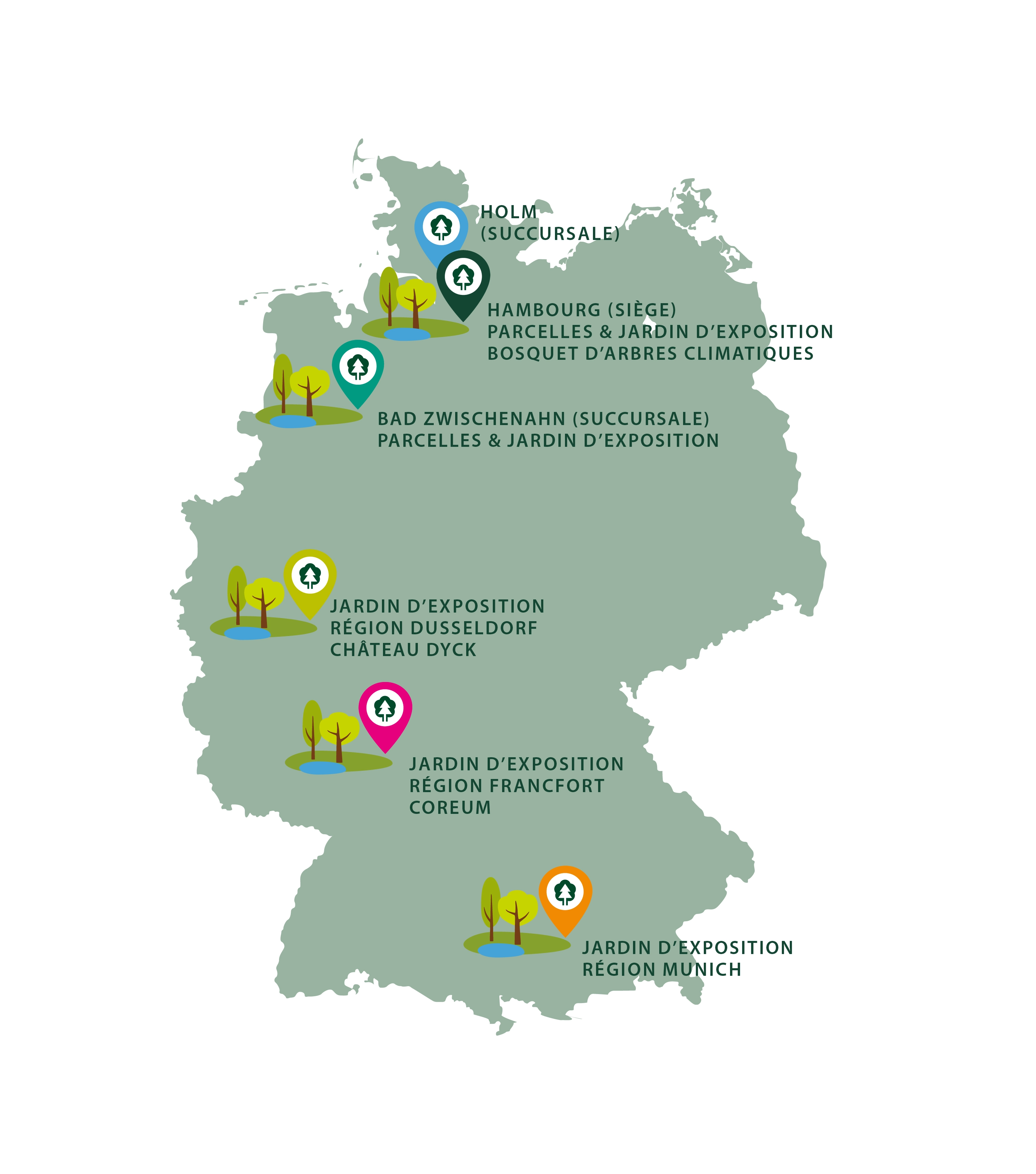 La pépinière Lorenz von Ehren Les sites de la pépinière Lorenz von Ehren, l'une des principales pépinières d'Europe. Que ce soit à Hambourg, Düsseldorf, Francfort, Munich ou Berlin, nous vous proposons l'ensemble de la gamme de plantes ligneuses produites par nos soins ou en tant que