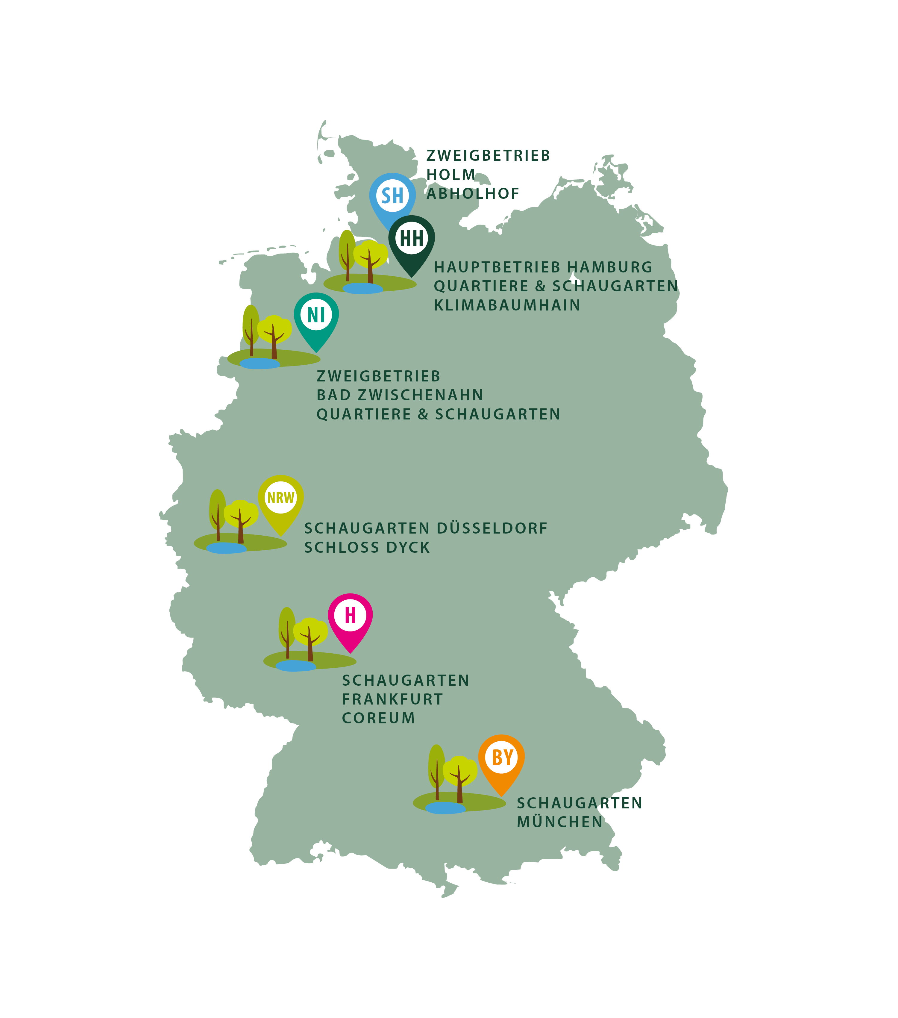 Eine Umrisskarte von Deutschlad zeigt die Standorte